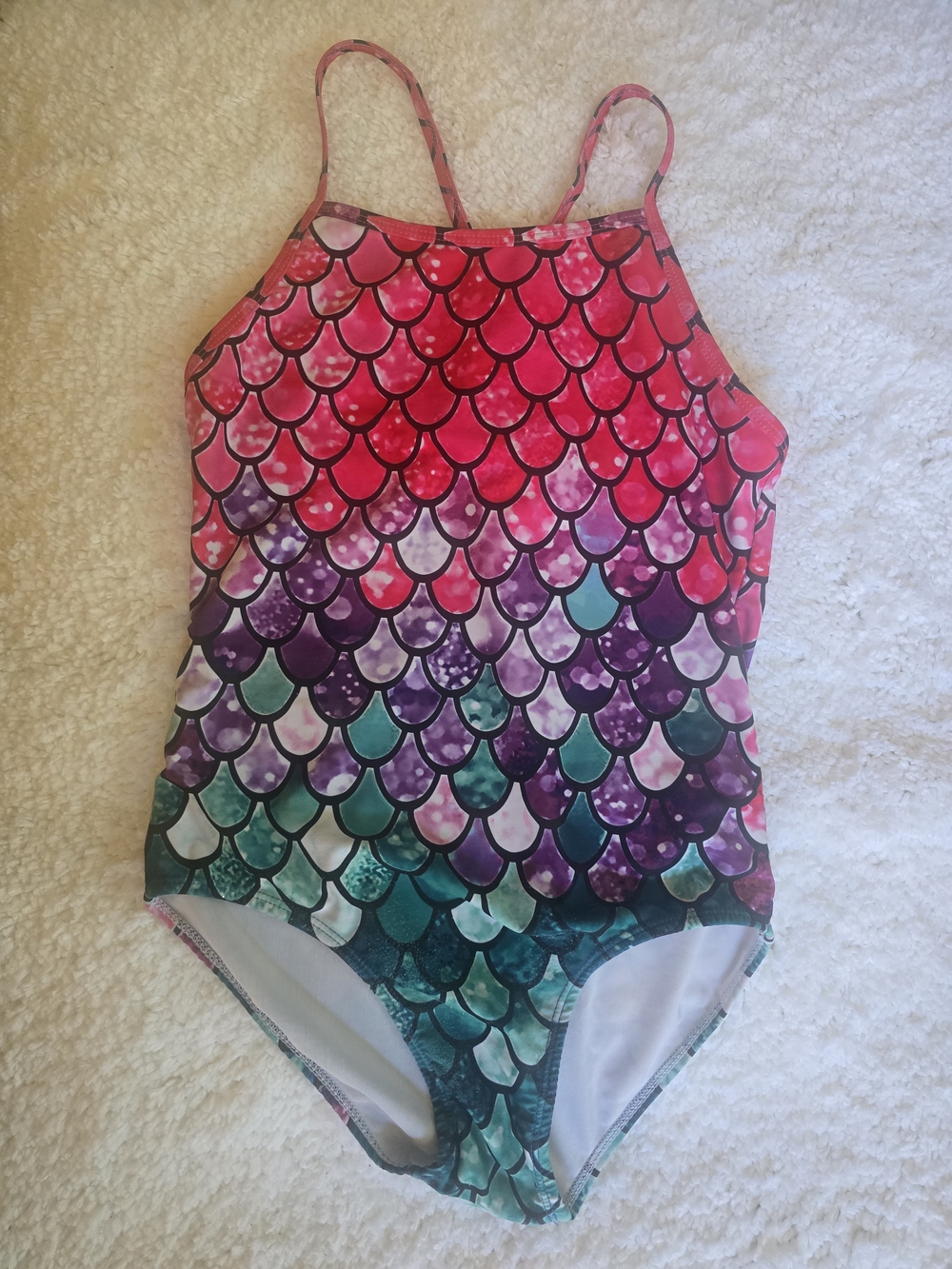 Girls Teen 5X Mermaid Scale One Piece Swimsuit Pink Purple Teal Strappy Back